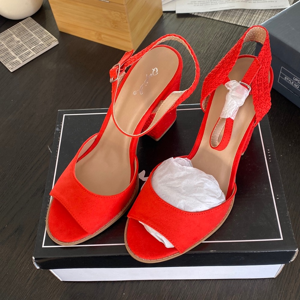 Blood orange/red suede block heels